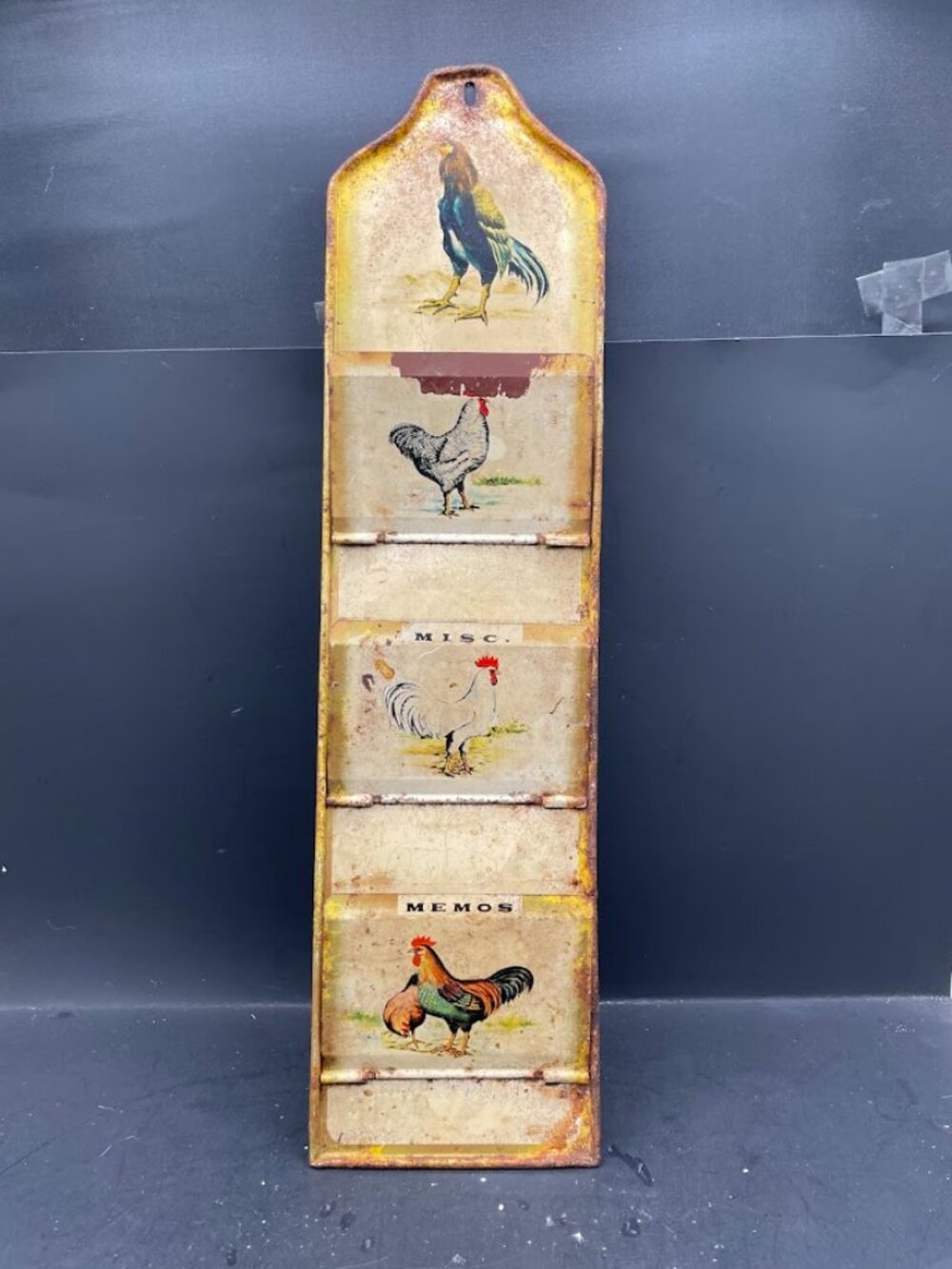 Distressed Metal Chickens Rooster Wall Hanging Letter Bill Mail Organizer Holder